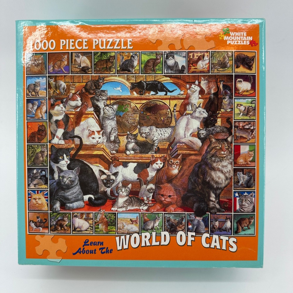 White Mountain Puzzles World of Cats 1000 Piece Jigsaw Puzzle 135W 27x20 Cat Art